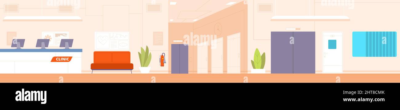 Intérieur de la salle d'hôpital. Interireur de couloir de clinique, salle de réception médicale de couloir, bureau de médecin de porte, comptoir de soins de santé d'urgence en milieu de travail, illustration vectorielle. Couloir intérieur couloir de l'hôpital Illustration de Vecteur