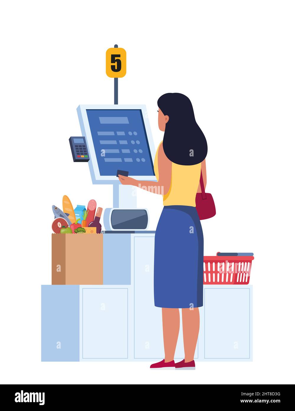 Femme personnage au supermarché Stand à la caisse libre-service avec terminal de PDV pour payer sans espèces pour les achats d'épicerie. Paiement sans contact, contrôle Illustration de Vecteur