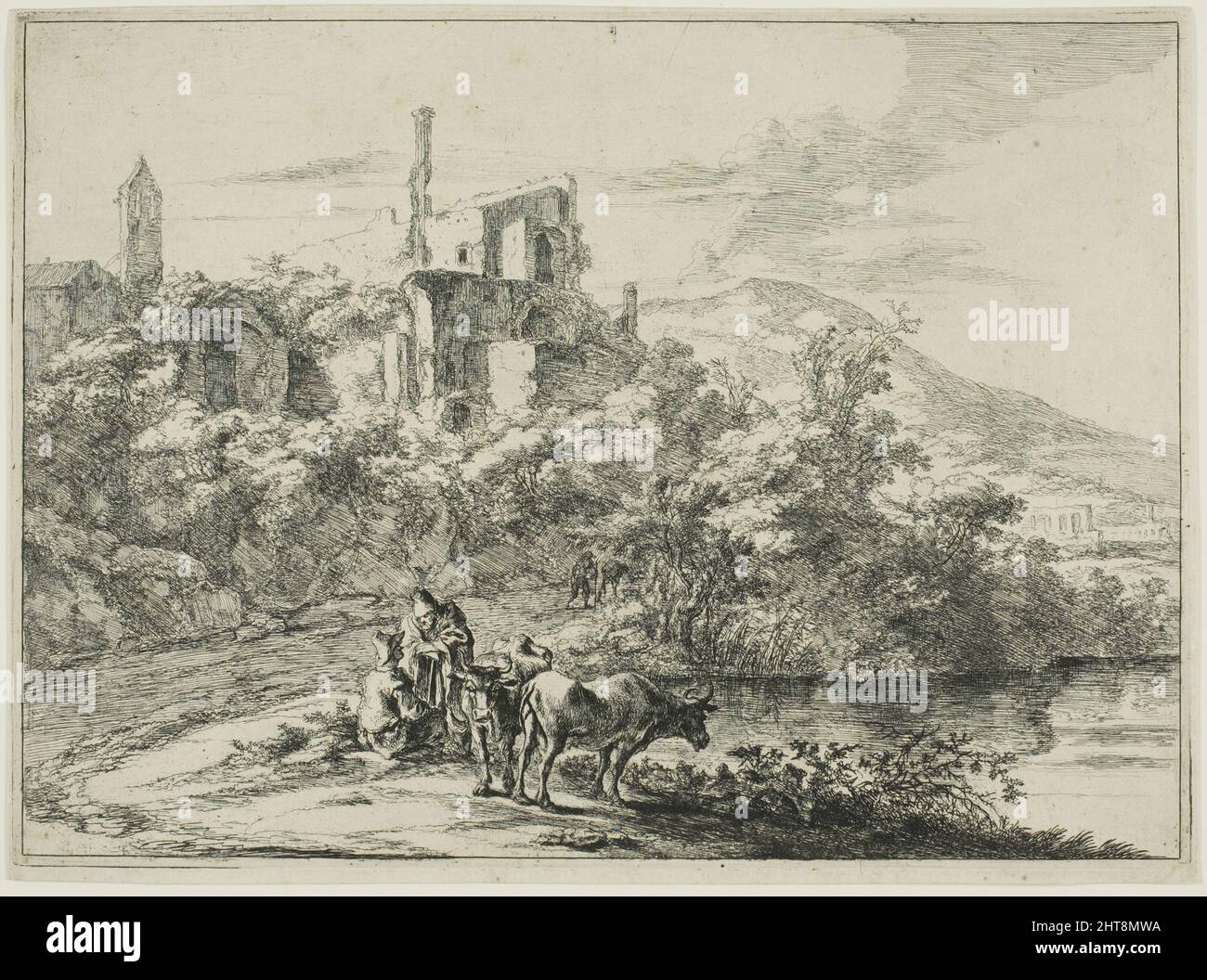 Paysage avec des ruines et deux vaches au bord de l'eau, d'une série de quatre paysages romains horizontaux, 1645/50. Banque D'Images Paysage avec des ruines et deux vaches au bord de l'eau, d'une série de quatre paysages romains horizontaux, 1645/50. Banque D'Images