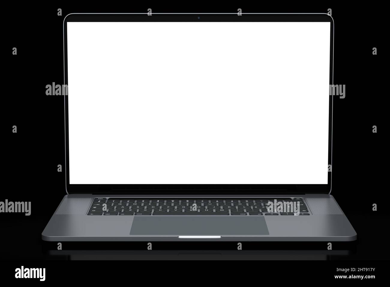 Ordinateur portable en aluminium réaliste avec écran blanc vide isolé sur fond noir. Banque D'Images Ordinateur portable en aluminium réaliste avec écran blanc vide isolé sur fond noir. Banque D'Images