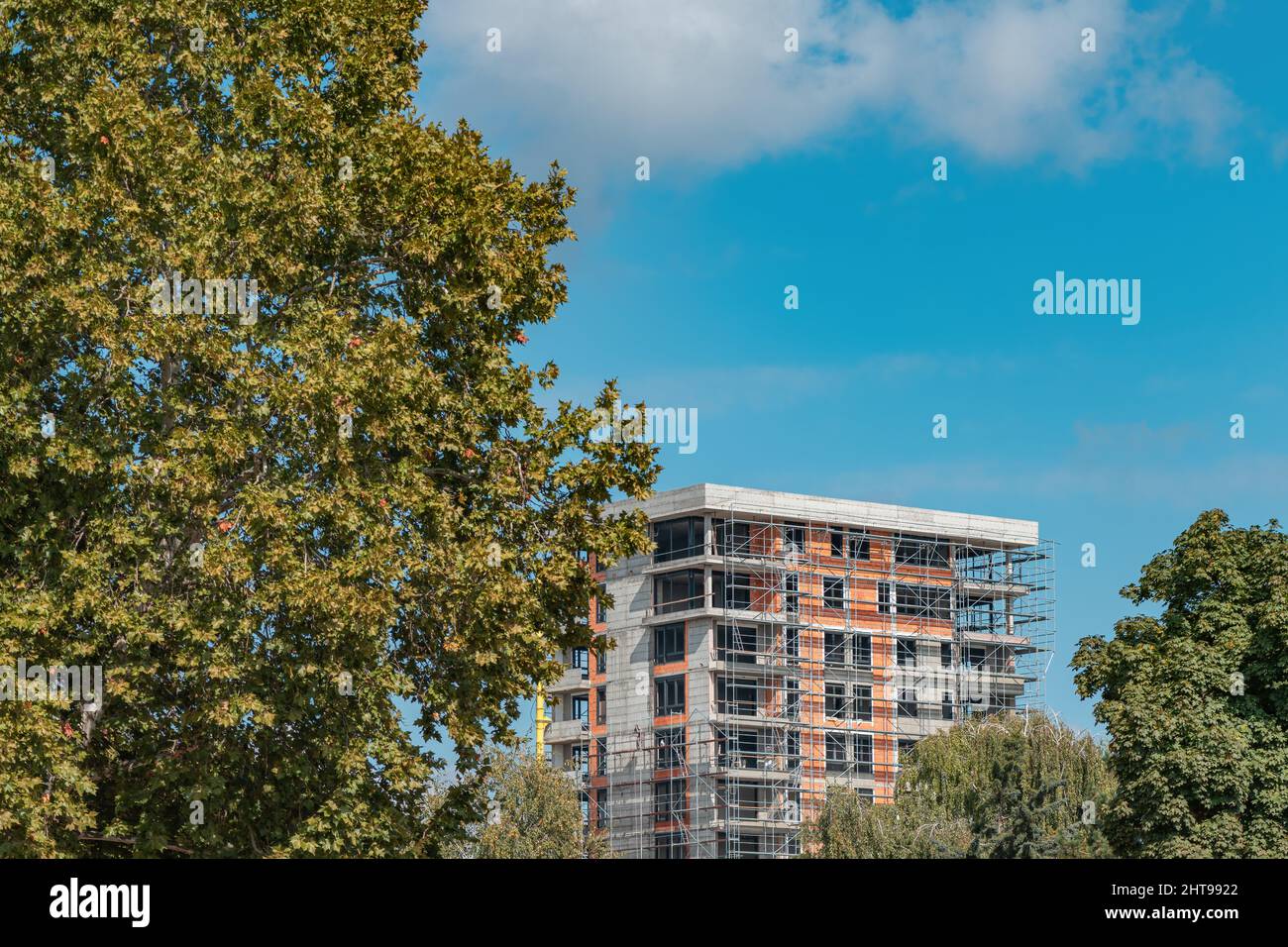 Grand bâtiment de gratte-ciel en construction et cime d'arbres vert contrastant la structure en béton qui est en cours de construction Banque D'Images