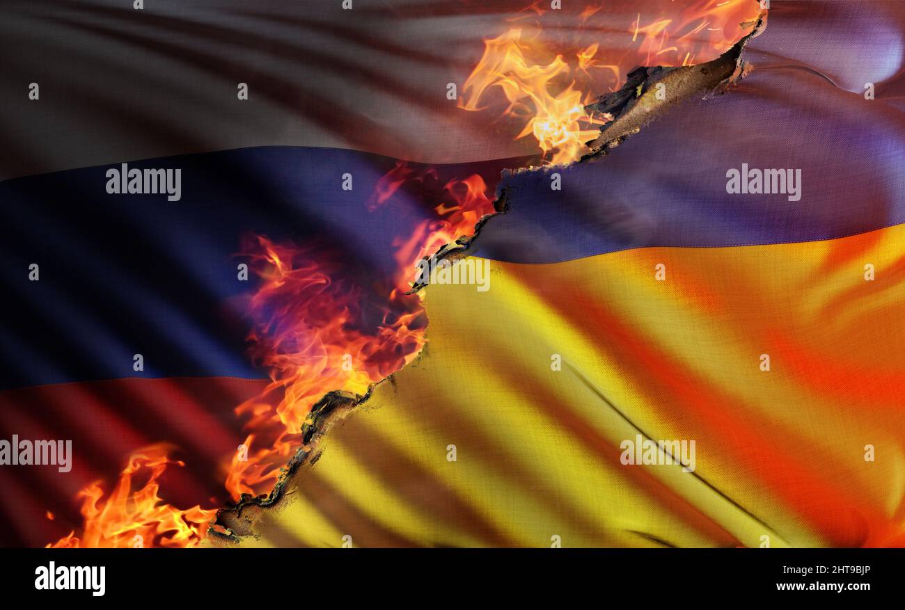 3D illustration composite représentant le drapeau national de la République d'Ukraine brûlé par les flammes des invasions russes avec le drapeau national de R Banque D'Images
