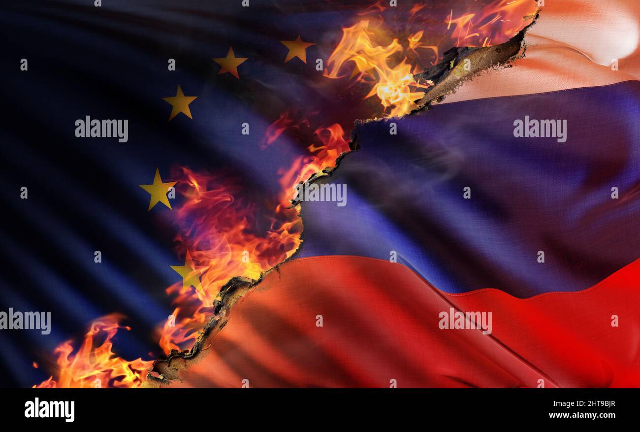 3D illustration composite illustrant le drapeau national de la Russie consommé par les flammes des sanctions économiques européennes lors de l'invasion russe à ukrai Banque D'Images