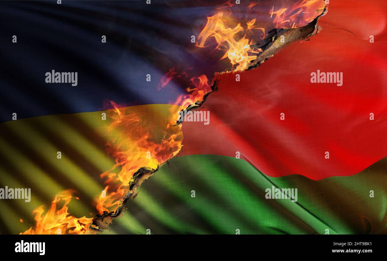 3D illustration composite représentant le drapeau national du Bélarus brûlé par les flammes de la résistance ukrainienne lors de l'invasion russe avec la nation Banque D'Images
