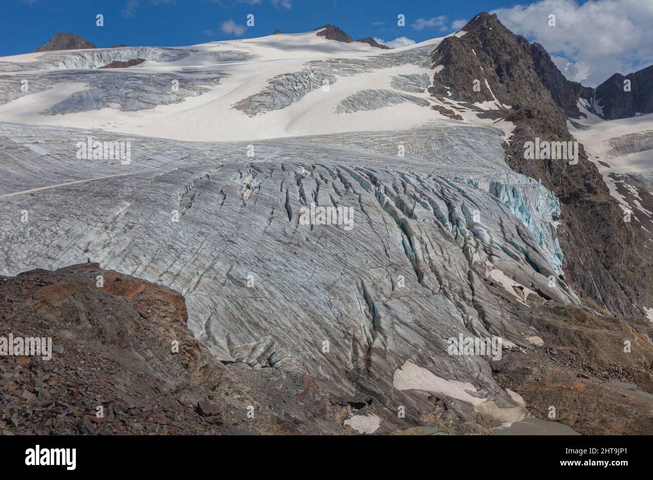 Vue sur les crevasses du majestueux glacier Gepatsch dans la région de Palla Bianca Banque D'Images