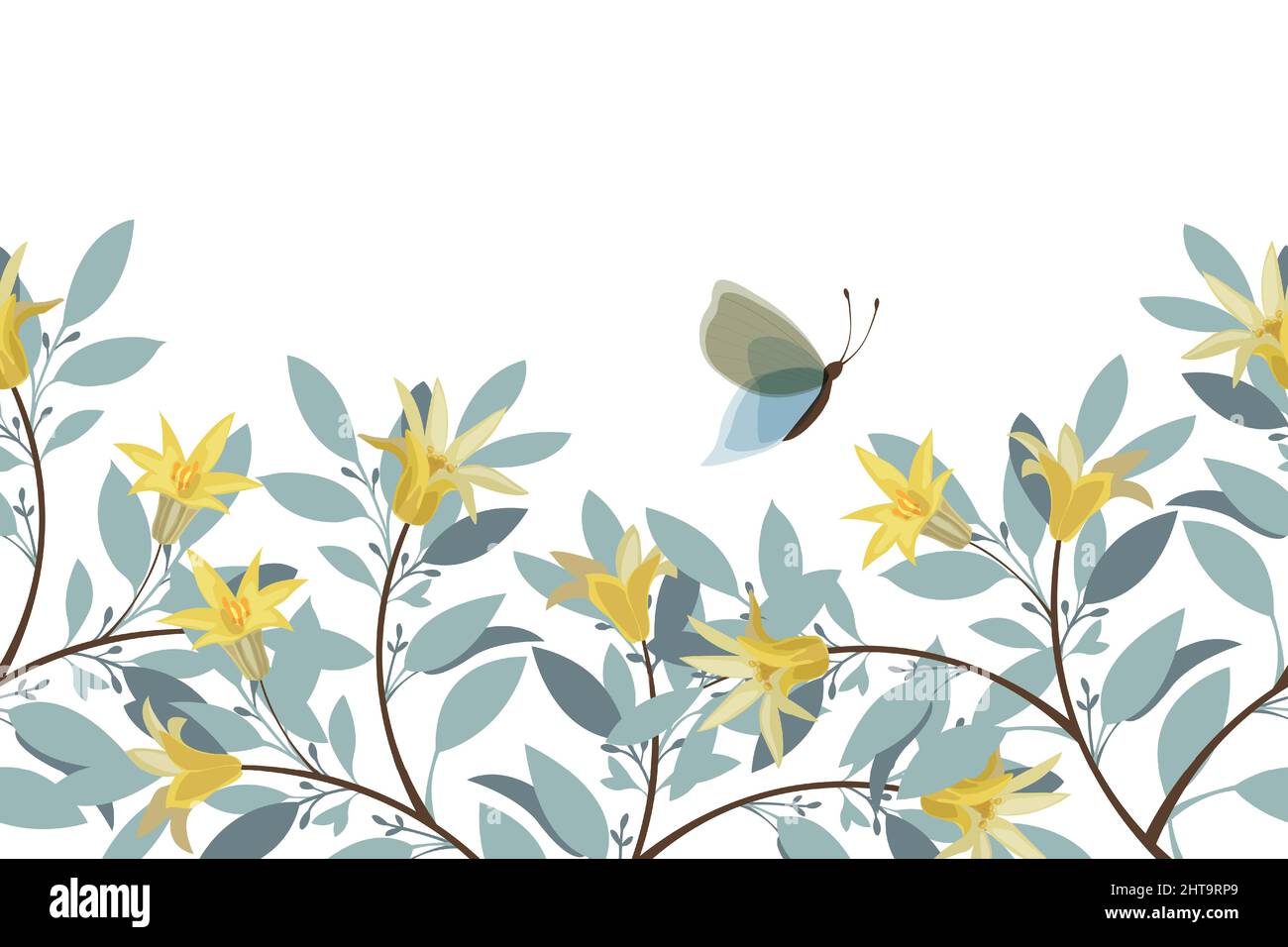 Motif vectoriel sans couture, bordure et motif floral panoramique. Brindilles bleues, feuilles, fleurs jaunes, papillons. Illustration de Vecteur