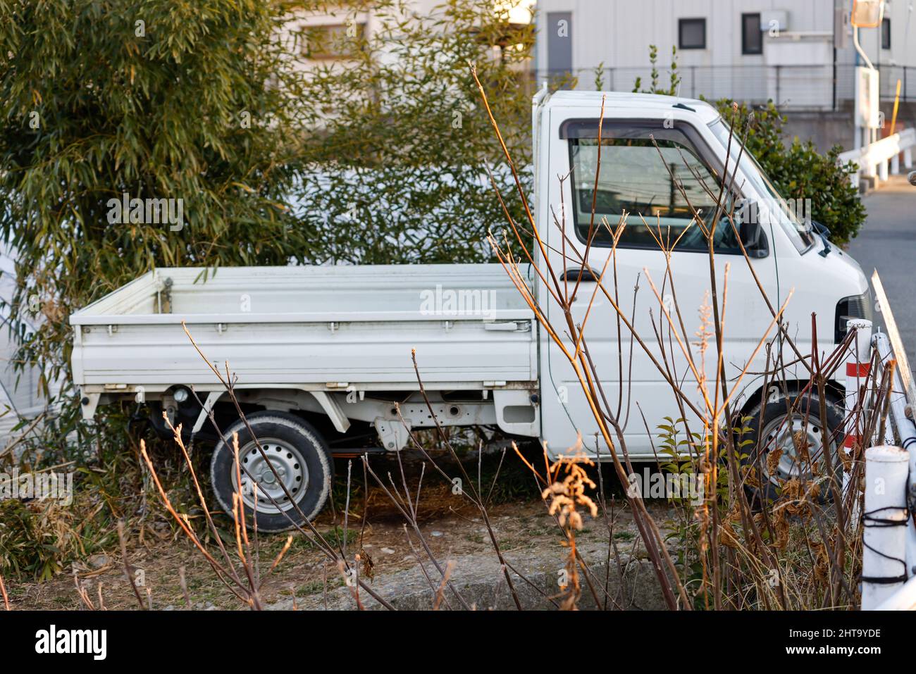 Petit camion kei stationné près des buissons sur le côté de la route Banque D'Images