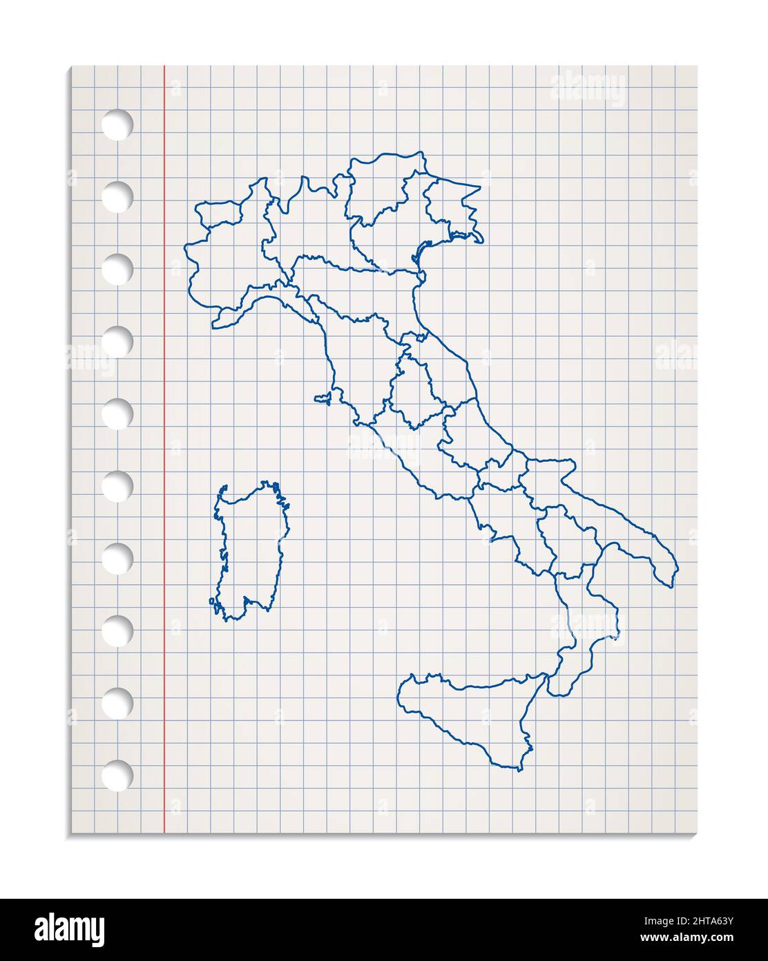 Carte d'Italie sur une feuille de papier au carré réaliste déchirée d'un bloc, vierge Banque D'Images