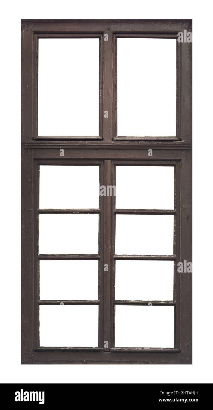 Une fenêtre en bois marron isolée sur fond blanc Banque D'Images