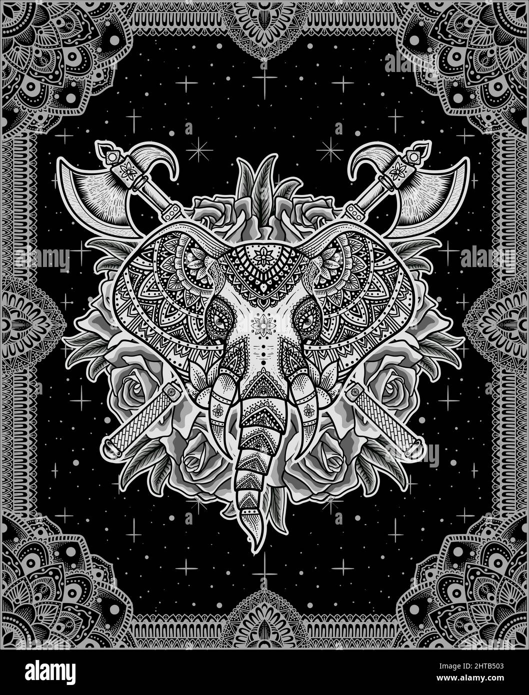 illustration vecteur tête d'éléphant style mandala avec fleur de rose Illustration de Vecteur