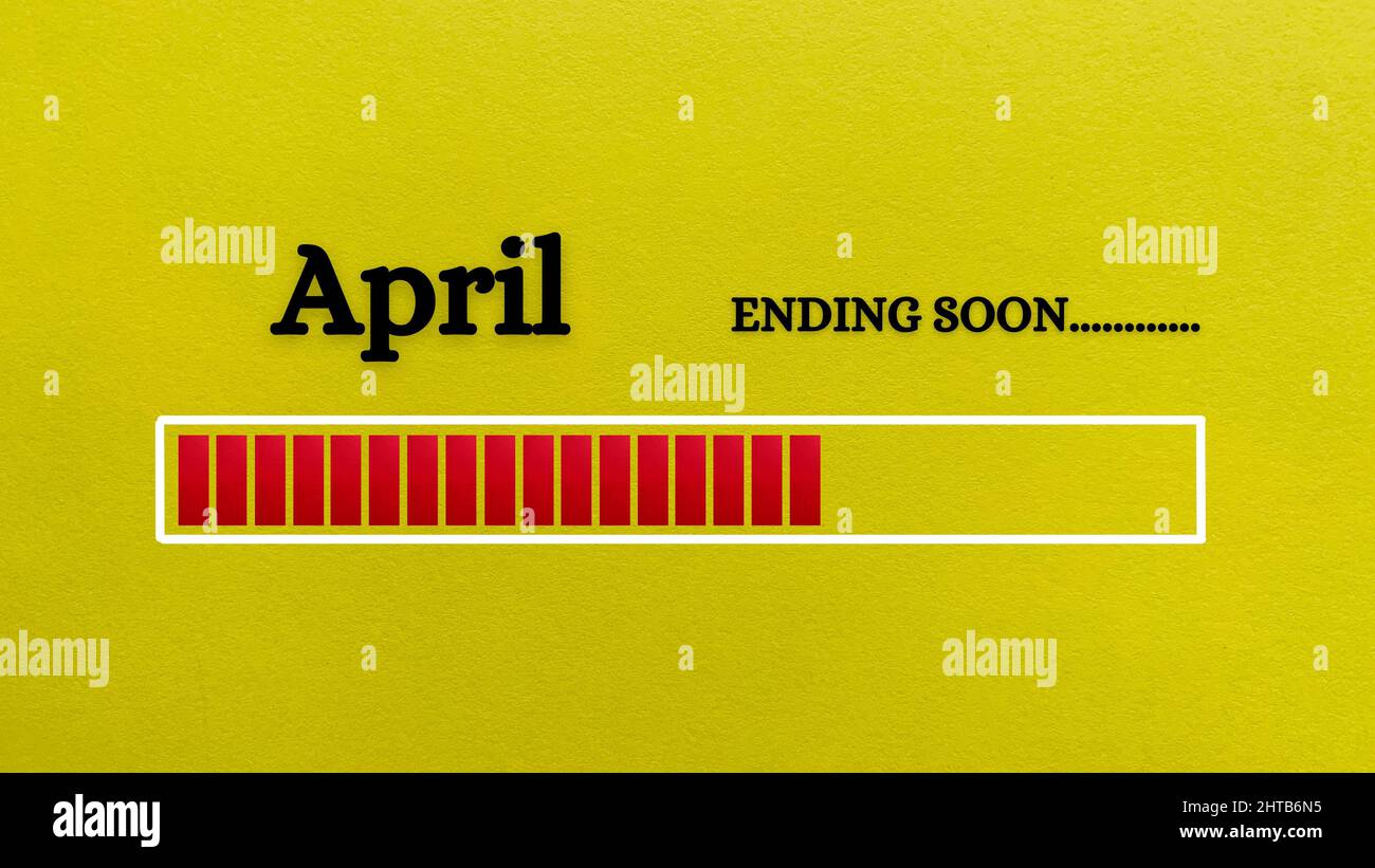 Vue de dessus de la barre de chargement indiquant la fin du mois d'avril avec un arrière-plan en papier jaune. Banque D'Images
