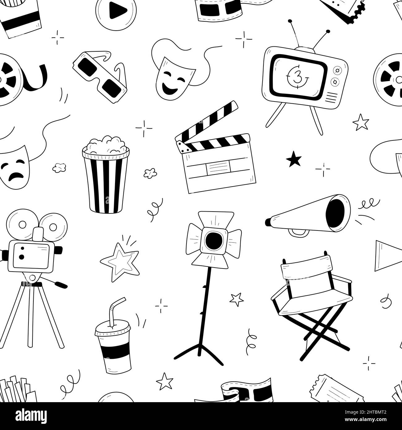 Film, motif vectoriel cinéma. Doodle dessin main style d'esquisse film sans couture motif. Des éléments de cinéma pour la production multimédia, le festival, le théâtre. Illustration vectorielle. Illustration de Vecteur