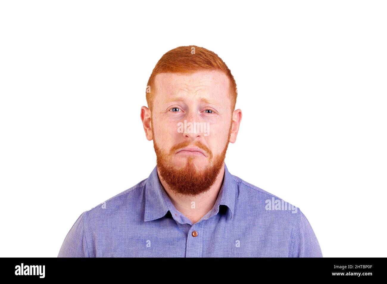 REDHEAD homme avec une longue barbe sur fond bleu isolé avec une expression triste et dépressive. Photo de haute qualité Banque D'Images