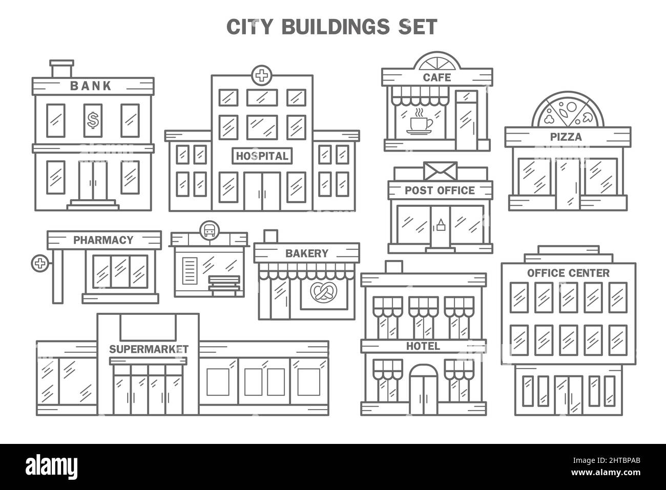 Ensemble d'icônes de la ligne des bâtiments de la ville. Éléments d'architecture urbaine. Banque, hôpital, café, pizza, pharmacie, arrêt de bus, boulangerie, bureau de poste, hôtel et surmarché Illustration de Vecteur