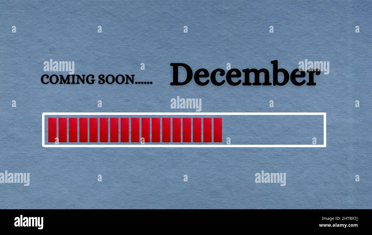 Vue de dessus de la barre de chargement avec texte - à venir en décembre. Arrière-plan bleu clair. Banque D'Images