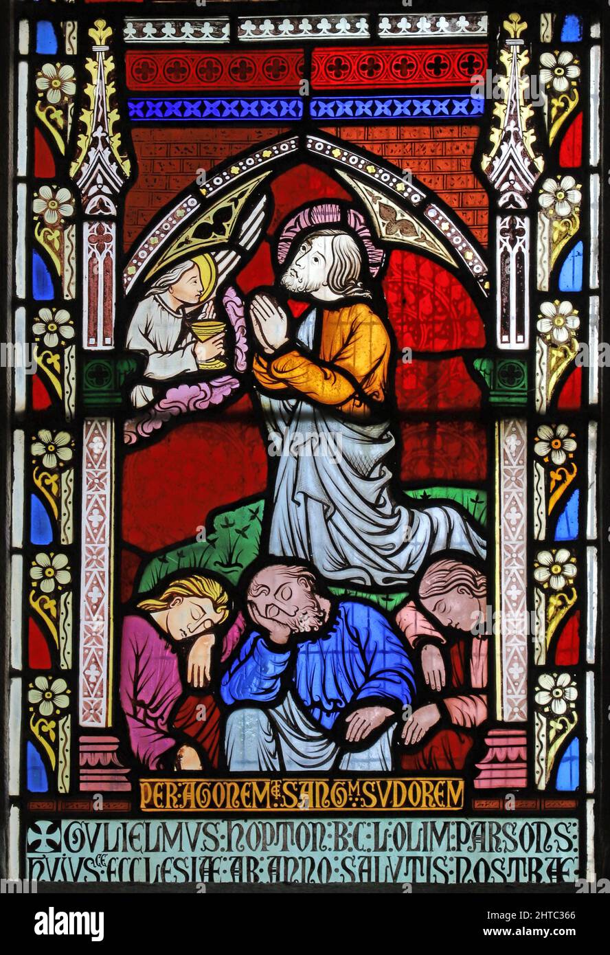 Vitraux de Frederick Preedy représentant l'agonie de Jésus dans le jardin. Église Saint-Laurent, Stretton Grandison, Herefordshire Banque D'Images