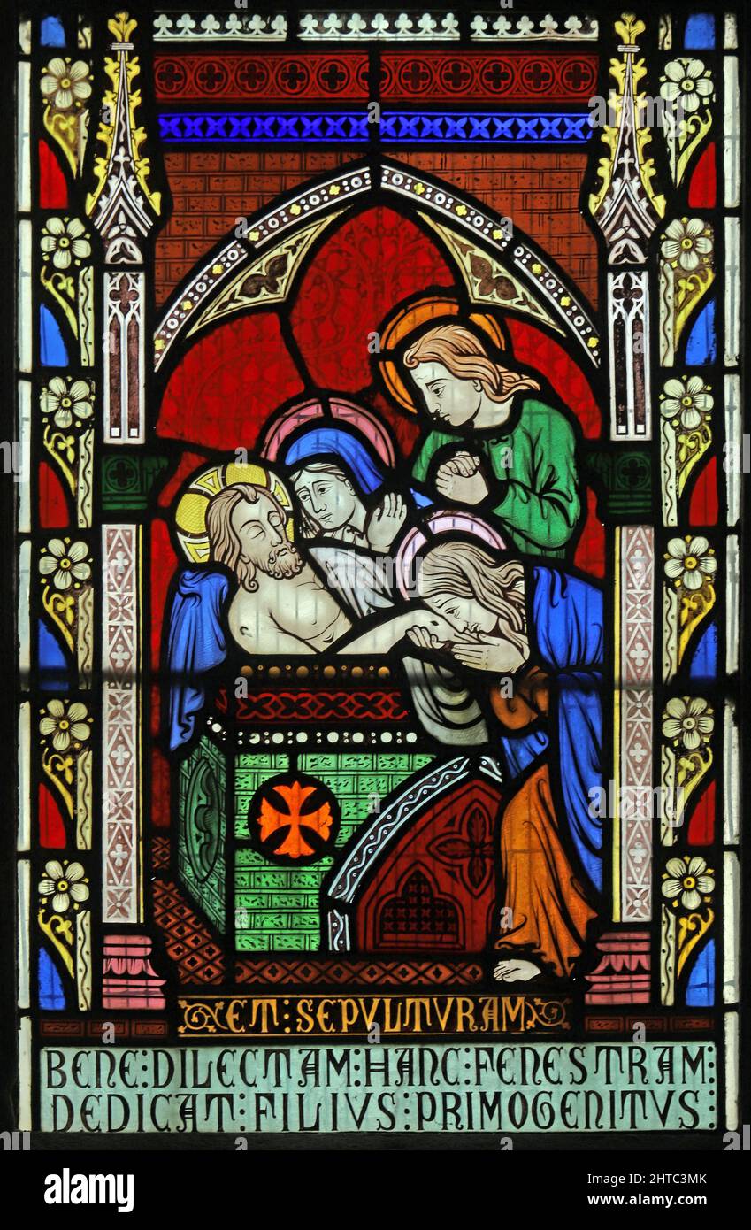 Vitraux de Frederick Preedy représentant l'Entombment du Christ. Église Saint-Laurent, Stretton Grandison, Herefordshire Banque D'Images