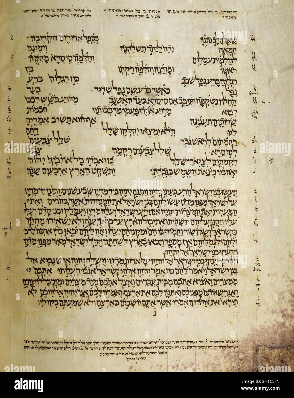Une page du Codex d'Alep. Le Codex d'Alep (couronne d'Alep) est un manuscrit médiéval lié de la Bible hébraïque. Le codex a été écrit dans la ville de Tiberias au 10th ème siècle (vers 920) sous le règne du califat abbasside, et a été approuvé pour son exactitude par Maimonides. Avec le Codex de Leningrad, il contient la tradition masorétique de Ben-Asher. Le codex a été conservé pendant cinq siècles dans la Synagogue centrale d'Alep, jusqu'à ce que la synagogue soit incendiée pendant les émeutes anti-juives de 1947. Le sort du codex au cours de la décennie suivante n'est pas clair: Quand il a refait surface en Israël Banque D'Images