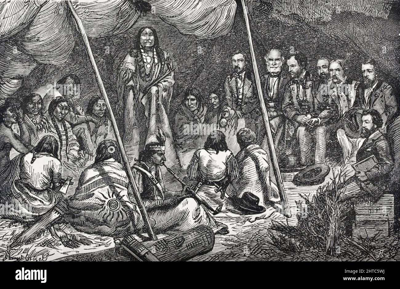 Paix ou guerre ? Un conseil indien - Discours de Spotted Tail. Un conseil indien tenu à North Platte, Nebraska entre les généraux Sherman, Harney, Terry et augur avec les chefs Sioux, Arrapahoe et Cheyenne du livre « nos Indiens sauvages; Trente-trois ans d'expérience personnelle parmi les hommes rouges du grand Ouest ' par Richard Irving Dodge, Richard Irving Dodge (19 mai 1827 – 16 juin 1895) était un colonel de l'armée des États-Unis. Dodge est né en Caroline du Nord[1] et est mort après une longue et réussie carrière dans l'armée américaine. Il a commencé comme cadet en 1844 et a pris sa retraite comme colonel le 19 mai 1891. Public Banque D'Images