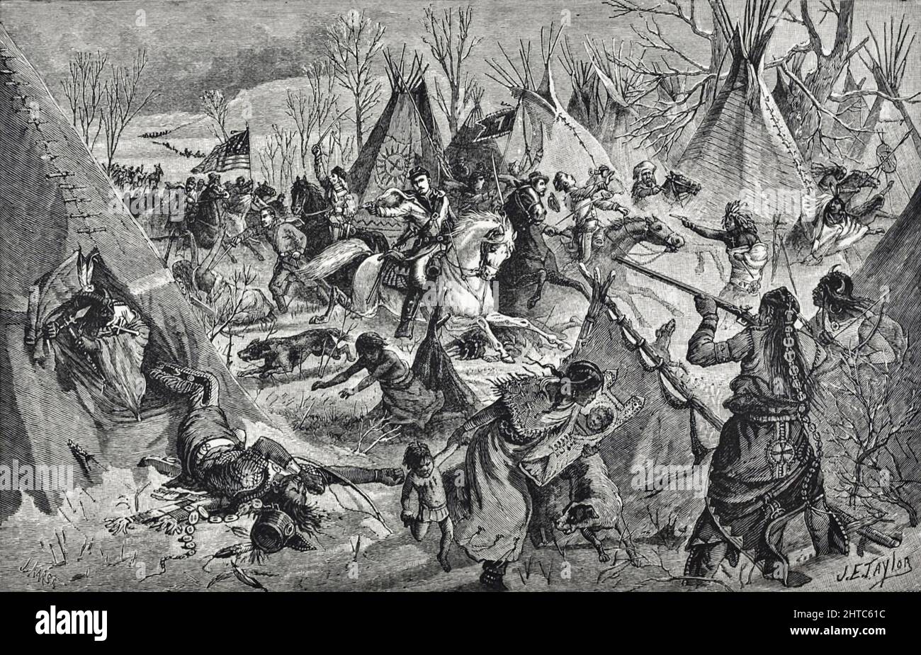La surprise du général Custer d'un camp indien de plus de deux mille guerriers et de nombreuses femmes et enfants le long de la rivière Washita et se composait d'Indiens Cheyenne, Arrapahoe, Kiowa, et Comanche du livre « nos Indiens sauvages; Trente-trois ans d'expérience personnelle parmi les hommes rouges du grand Ouest ' par Richard Irving Dodge, Richard Irving Dodge (19 mai 1827 – 16 juin 1895) était un colonel de l'armée des États-Unis. Dodge est né en Caroline du Nord[1] et est mort après une longue et réussie carrière dans l'armée américaine. Il a commencé comme cadet en 1844 et a pris sa retraite comme colonel le 19 mai 1891. Publié Un Banque D'Images