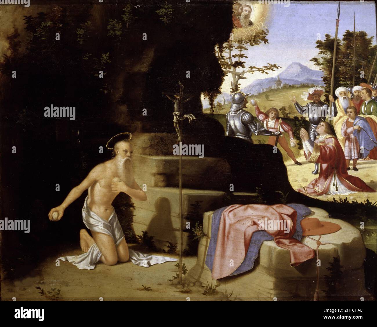 Le pentent Saint Jérôme dans le désert et la lapidation de Saint Stephen, vers 1526. Trouvé dans la Collection de l'Accademia Carrara, Bergame. Banque D'Images