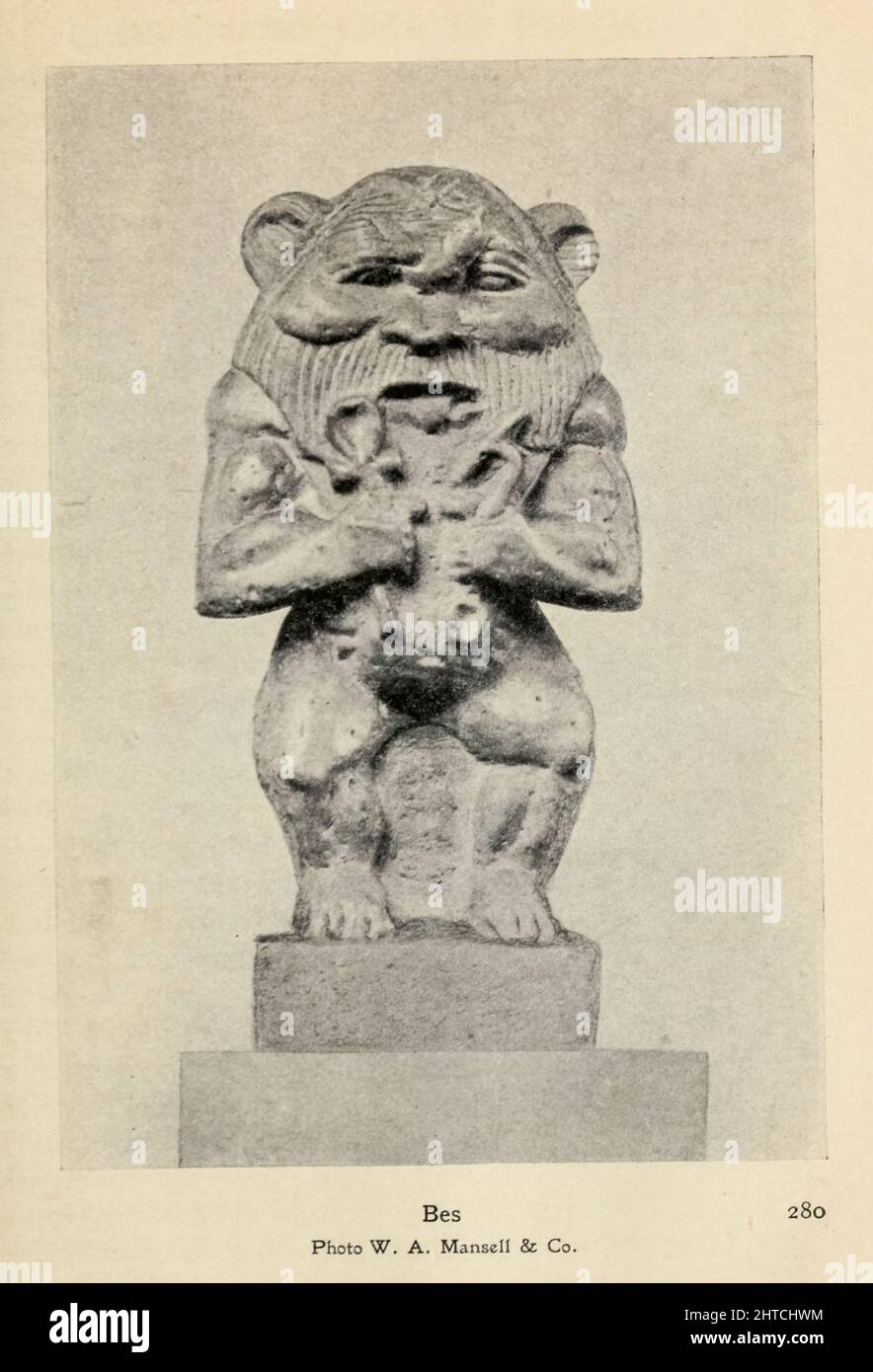 BES (également appelé Bisu), avec son homologue féminin beset, est une ancienne déité égyptienne adorée comme protecteur des ménages et, en particulier, des mères, des enfants et de l'accouchement. BES plus tard est venu à être considéré comme le défenseur de tout le bien et l'ennemi de tout ce qui est mauvais. BES peut avoir été une importation du Royaume du milieu en provenance de la Nubie ou de la Somalie[2], et son culte n'a pas été répandu jusqu'au début du Nouveau Royaume. D'après le livre ' mythes et légendes : Egypte ancienne ' de Lewis Spence, publié Boston : D.D. Nickerson 1910 Banque D'Images