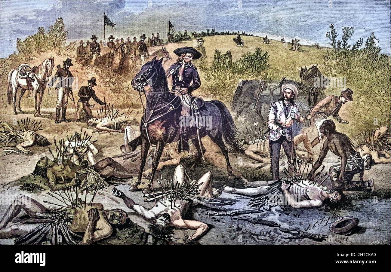 Machine Colorized Fate of Lieut. Kidder et son commandement entier - découverte de leurs corps à partir du livre « nos Indiens sauvages; Trente-trois ans d'expérience personnelle parmi les hommes rouges du grand Ouest ' par Richard Irving Dodge, Richard Irving Dodge (19 mai 1827 – 16 juin 1895) était un colonel de l'armée des États-Unis. Dodge est né en Caroline du Nord[1] et est mort après une longue et réussie carrière dans l'armée américaine. Il a commencé comme cadet en 1844 et a pris sa retraite comme colonel le 19 mai 1891. Publié A. D. Worthington and Company, 1883, Hartford, Connecticut Banque D'Images