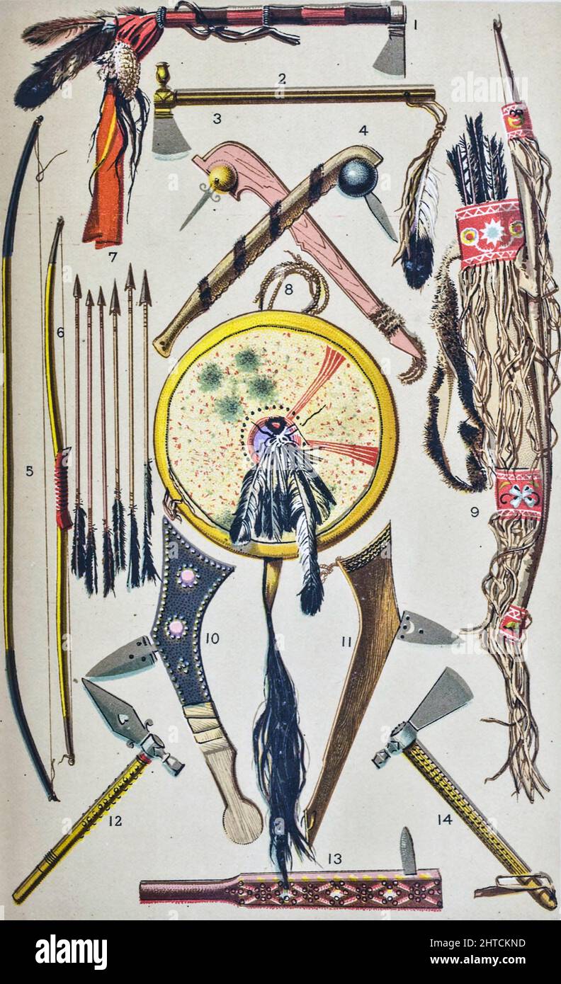 Armes indiennes: Bouclier de guerre, Tomahawks, Clubs, Bows etc. Du livre "nos Indiens sauvages; trente-trois ans d'expérience personnelle parmi les hommes rouges du grand Ouest" par Richard Irving Dodge, Richard Irving Dodge (19 mai 1827 – 16 juin 1895) était un colonel dans l'armée des États-Unis. Dodge est né en Caroline du Nord[1] et est mort après une longue et réussie carrière dans l'armée américaine. Il a commencé comme cadet en 1844 et a pris sa retraite comme colonel le 19 mai 1891. Publié A. D. Worthington and Company, 1883, Hartford, Connecticut Banque D'Images