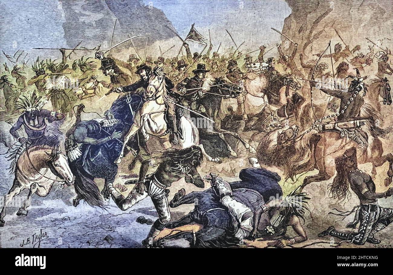 Machine Colorisée entourée - charge désespérée de la cavalerie du général Crook à la bataille du Rosebud du Livre « nos Indiens sauvages; Trente-trois ans d'expérience personnelle parmi les hommes rouges du grand Ouest ' par Richard Irving Dodge, Richard Irving Dodge (19 mai 1827 – 16 juin 1895) était un colonel de l'armée des États-Unis. Dodge est né en Caroline du Nord[1] et est mort après une longue et réussie carrière dans l'armée américaine. Il a commencé comme cadet en 1844 et a pris sa retraite comme colonel le 19 mai 1891. Publié A. D. Worthington and Company, 1883, Hartford, Connecticut Banque D'Images