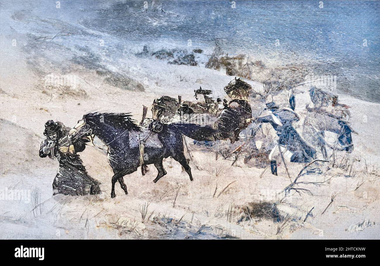 Machine hiver colorisé sur les plaines Une expérience terrible dans les dents d'un Norther du livre « nos Indiens sauvages; Trente-trois ans d'expérience personnelle parmi les hommes rouges du grand Ouest ' par Richard Irving Dodge, Richard Irving Dodge (19 mai 1827 – 16 juin 1895) était un colonel de l'armée des États-Unis. Dodge est né en Caroline du Nord[1] et est mort après une longue et réussie carrière dans l'armée américaine. Il a commencé comme cadet en 1844 et a pris sa retraite comme colonel le 19 mai 1891. Publié A. D. Worthington and Company, 1883, Hartford, Connecticut Banque D'Images
