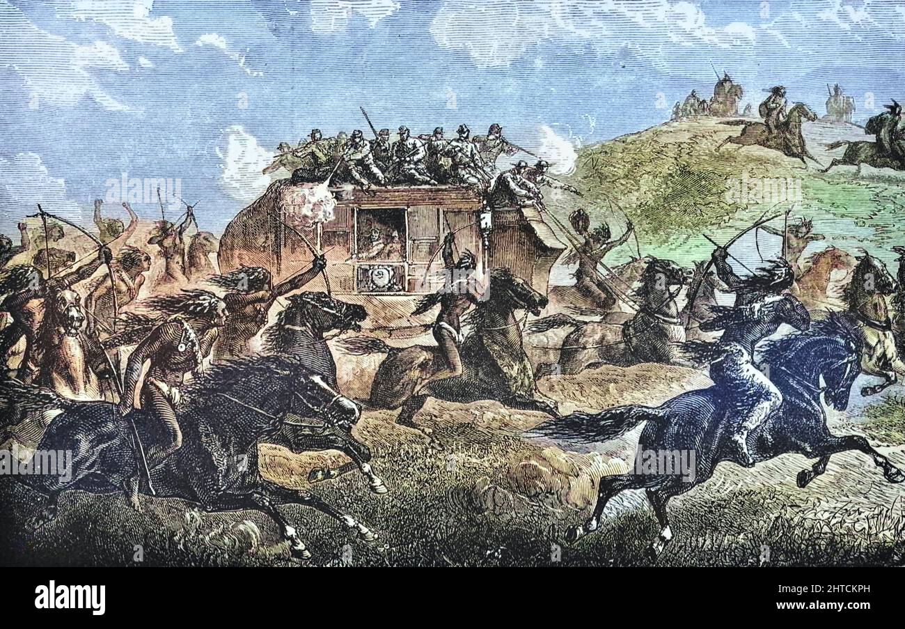 Machine Colorized Une surprise soudaine l'attaque sur l'entraîneur de courrier des États-Unis de The Book ' nos Indiens sauvages; Trente-trois ans d'expérience personnelle parmi les hommes rouges du grand Ouest ' par Richard Irving Dodge, Richard Irving Dodge (19 mai 1827 – 16 juin 1895) était un colonel de l'armée des États-Unis. Dodge est né en Caroline du Nord[1] et est mort après une longue et réussie carrière dans l'armée américaine. Il a commencé comme cadet en 1844 et a pris sa retraite comme colonel le 19 mai 1891. Publié A. D. Worthington and Company, 1883, Hartford, Connecticut Banque D'Images