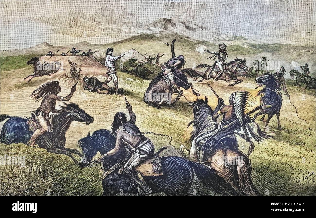 Sauver un camarade blessé— exploit héroïque d'Amos Chapman dans le livre "nos Indiens sauvages; Trente-trois ans d'expérience personnelle parmi les hommes rouges du grand Ouest ' par Richard Irving Dodge, Richard Irving Dodge (19 mai 1827 – 16 juin 1895) était un colonel de l'armée des États-Unis. Dodge est né en Caroline du Nord[1] et est mort après une longue et réussie carrière dans l'armée américaine. Il a commencé comme cadet en 1844 et a pris sa retraite comme colonel le 19 mai 1891. Publié A. D. Worthington and Company, 1883, Hartford, Connecticut Banque D'Images