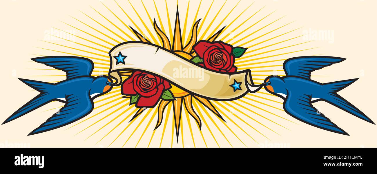 Swlows, roses, bannière et motif tatouage solaire Illustration de Vecteur