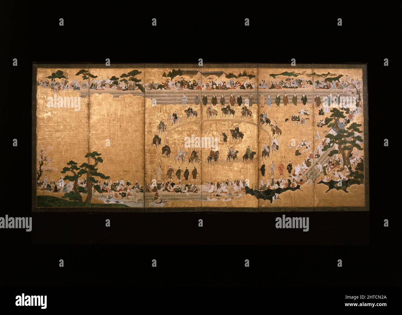 Ecran à six volets représentant un jeu militaire de chasse au chien, 17th siècle (1601 - 1700). Dimensions : ouvert 167 x 384 x 1,6 cm estimé (hauteur x largeur x profondeur) ; fermé 167 x 64 x 10 cm (hauteur x largeur x profondeur) ; peinture sans cadre estimé 151 x 375 cm (hauteur x largeur). Banque D'Images