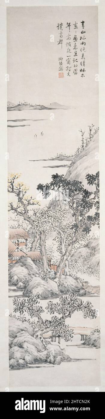 Vue sur les bâtiments et les arbres après une douche à effet pluie, dynastie Qing (1645 - 1911). Dimensions : 136,3 x 32,7 cm (hauteur x largeur). Banque D'Images