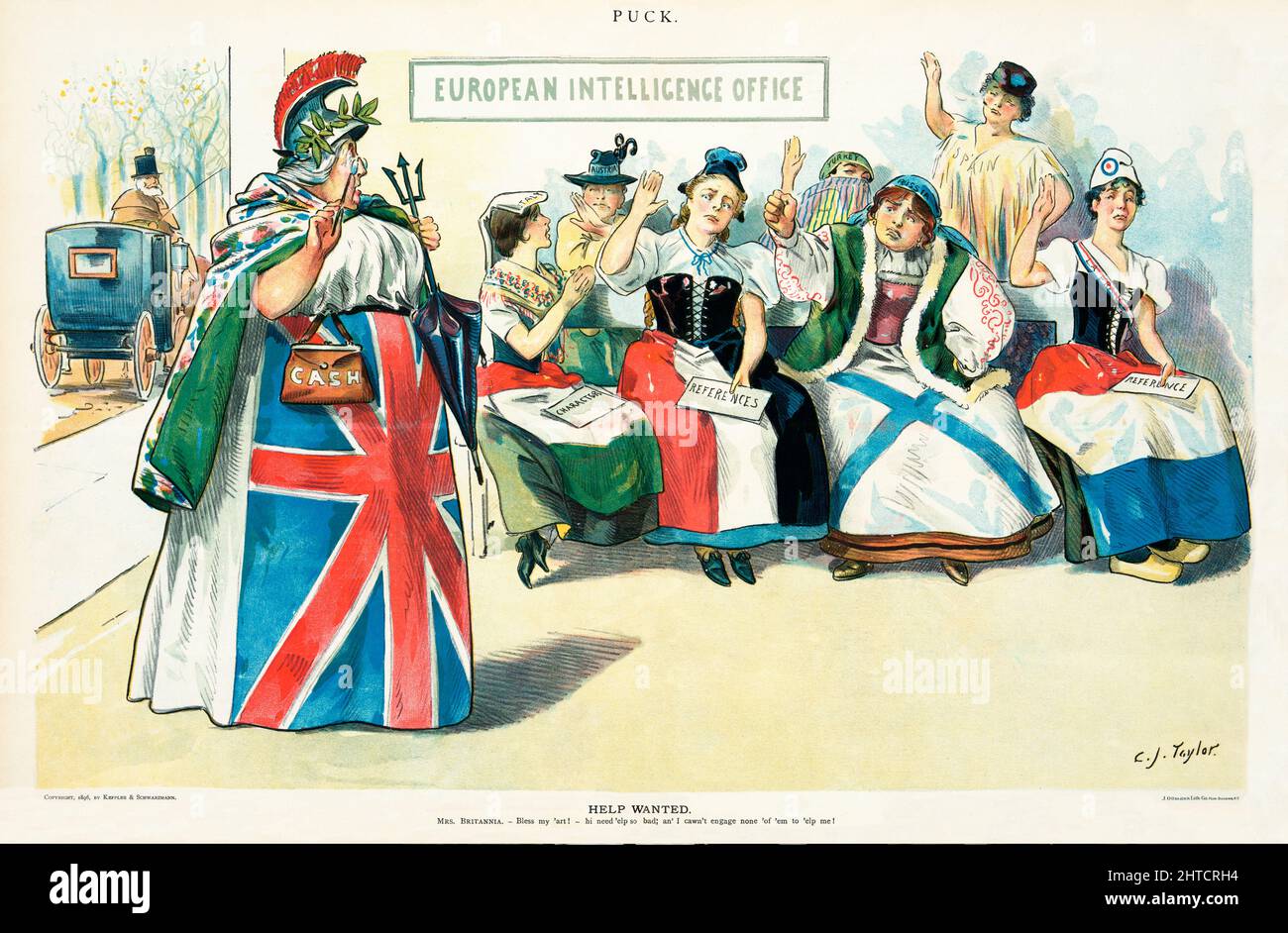 Une illustration du magazine American Puck de la fin du 19th siècle d'une femme âgée en tant que Britannia debout au « European Intelligence Office » à la recherche de l'aide d'un groupe de femmes, intitulé « Italie, Autriche, Turquie, Russie, L'Espagne, la France et une femme non identifiée qui peut représenter l'Allemagne, qui sont assis dans le bureau, certains tiennent des papiers sur leurs genoux étiquetés "caractère" et "Références". Banque D'Images