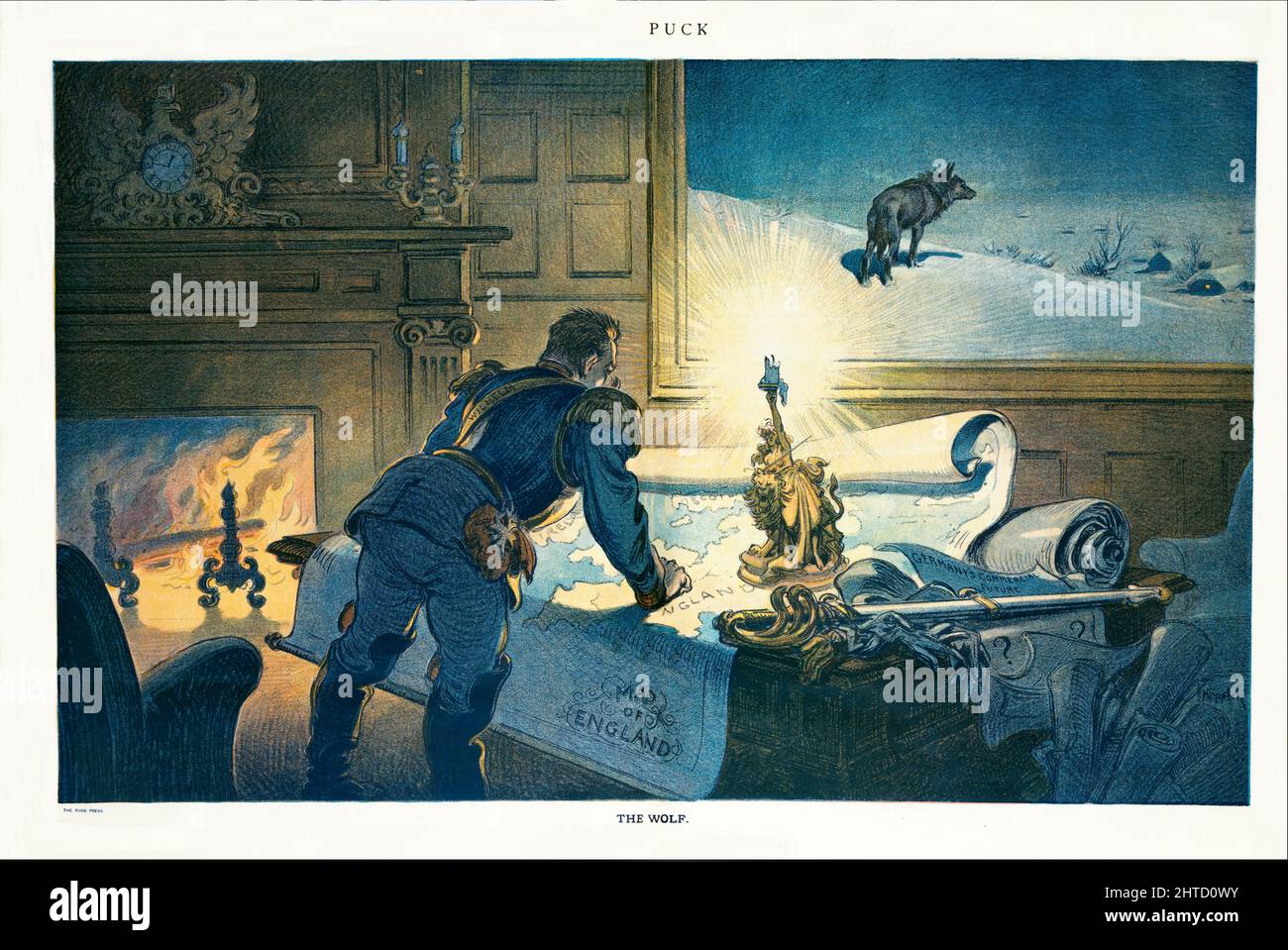 Au début du 20th siècle, une illustration de l'empereur allemand, le magazine American Puck, intitulée « Wilhelm », étudiant un « map of England », s'est étalée sur un bureau avec d'autres papiers, dont l'une indique « l'avenir commercial de l'Allemagne » avec de grandes questions. Sur le mur, à l'arrière-plan, se trouve une grande peinture montrant un loup pendant la nuit d'hiver, en regardant vers le bas sur un village enneigé. Banque D'Images