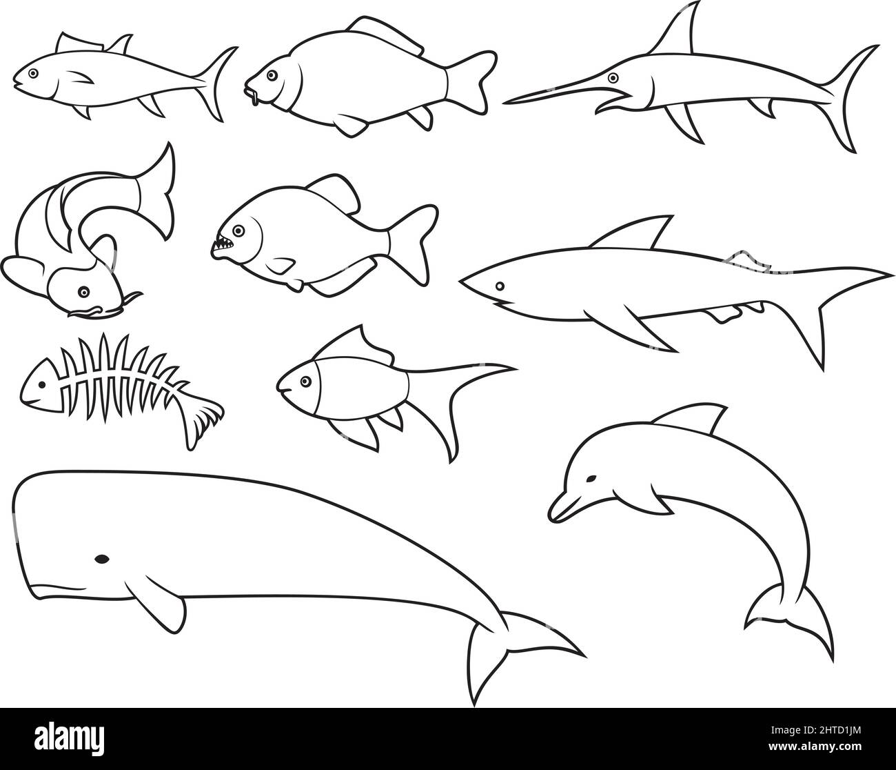 ensemble d'icônes de poissons à lignes fines (dauphin, os, carpe, requin, baleine, espadon, piranha, thon) Illustration de Vecteur