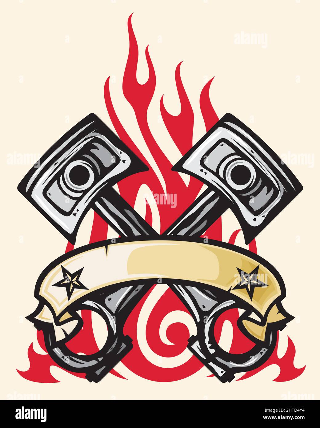 Pistons de moteur croisés, bannière et conception de tatouage de flamme Illustration de Vecteur