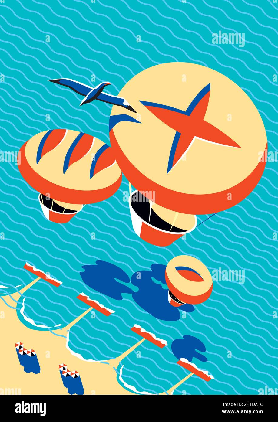 Des avions sous forme de pain et de gobelets de restauration rapide survolent la mer et la plage Illustration de Vecteur