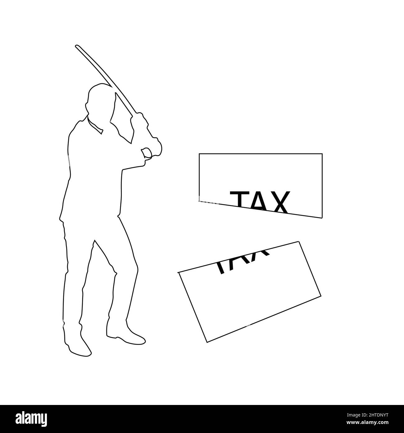 Illustration d'un homme coupant un écriteau « taxe » avec une épée Banque D'Images