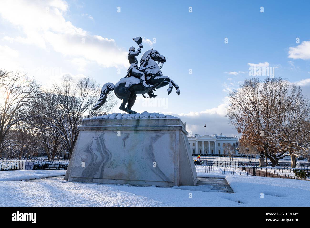 Statue d'Andrew Jackson recouverte de neige Banque D'Images