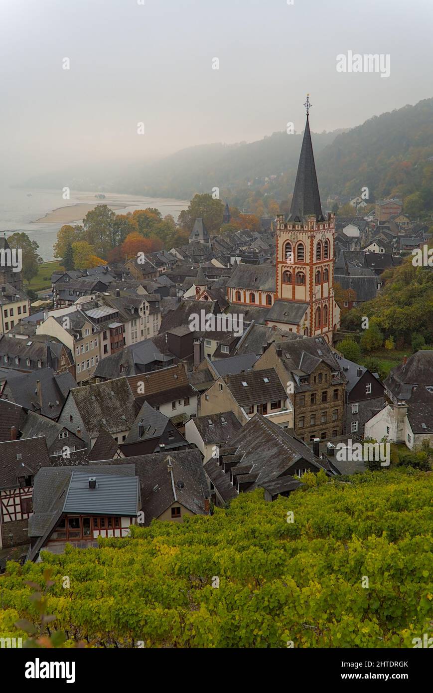 Ville de Bacharach dans l'arrondissement de Mayence-Bingen en Rhénanie-Palatinat, Allemagne sur une da foggy Banque D'Images