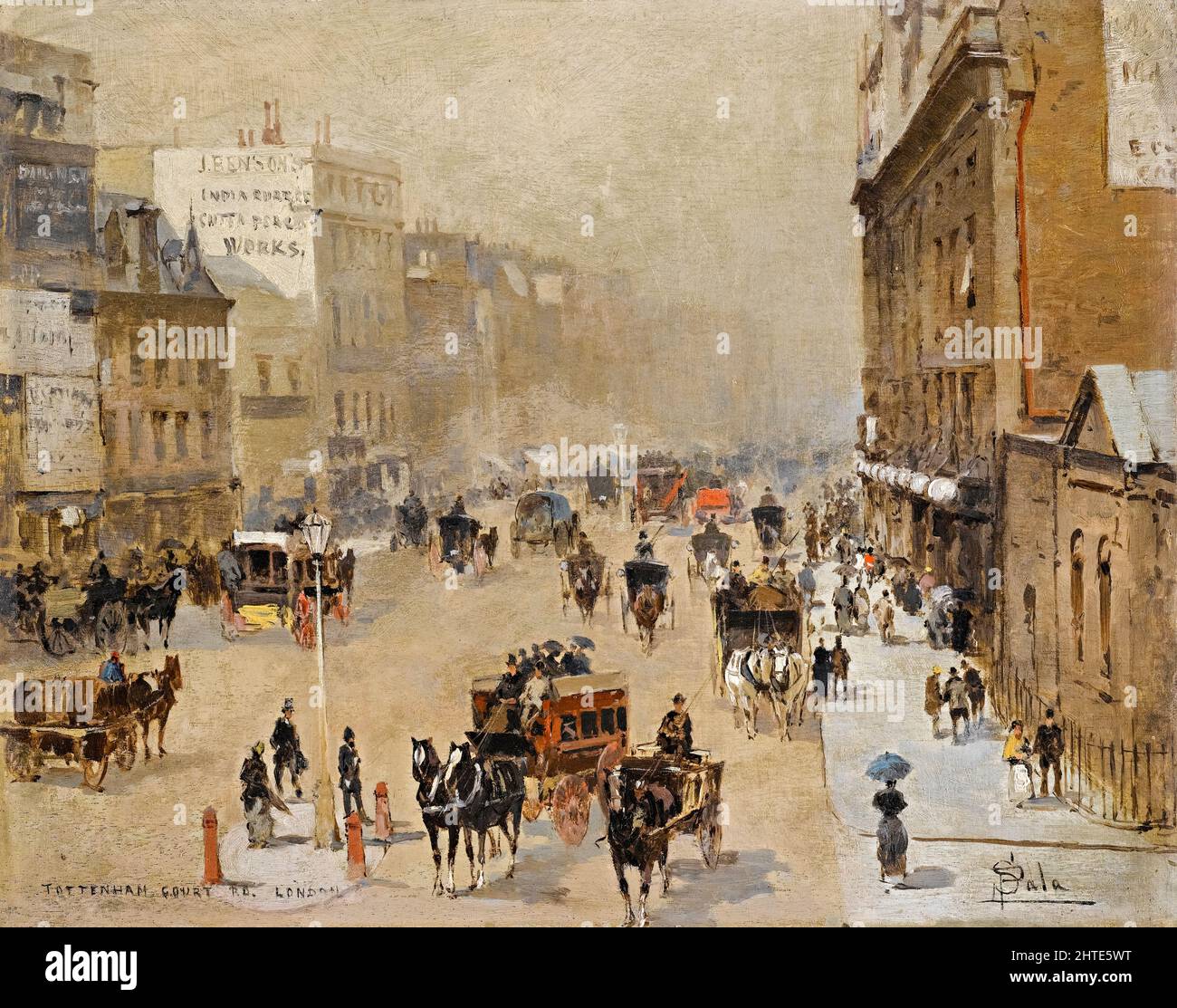 Londres victorienne: Tottenham court Road, Londres, huile de fin 19th siècle sur panneau scène de rue peinture par Paolo Sala, avant 1899 Banque D'Images