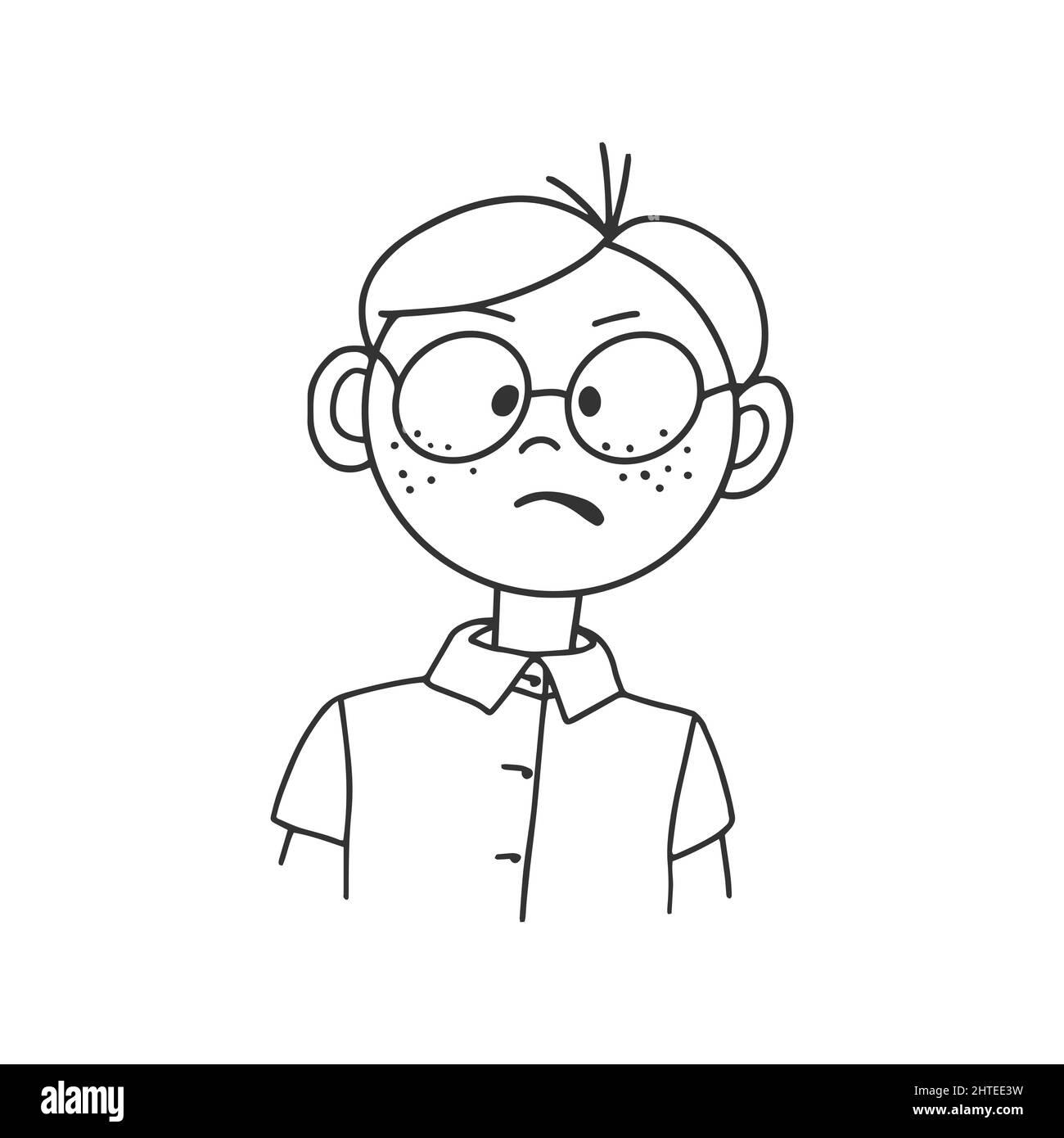 Dessin de contour d'un homme de dessin animé avec des lunettes. Doodle styleContour dessin d'un homme de dessin animé en lunettes avec des émotions sur son visage. Style Doodle Illustration de Vecteur