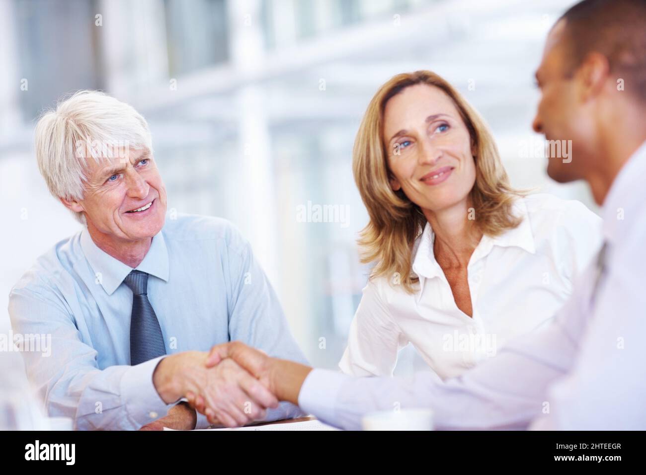 Contrat commercial. Portrait d'un homme d'affaires senior qui se secoue avec un cadre au bureau. Banque D'Images