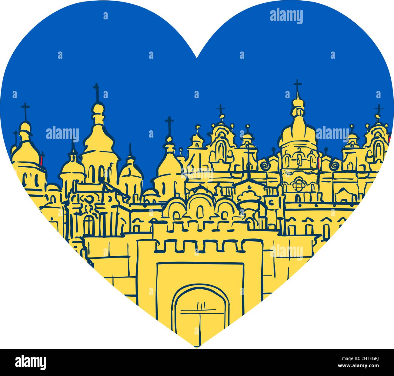 Kyiv bâtiments célèbres en bleu jaune coeur icône. Save Ukraine concept. Vecteur ukrainien symbole, icône, bouton.-SupplementalCategories+=Images Illustration de Vecteur