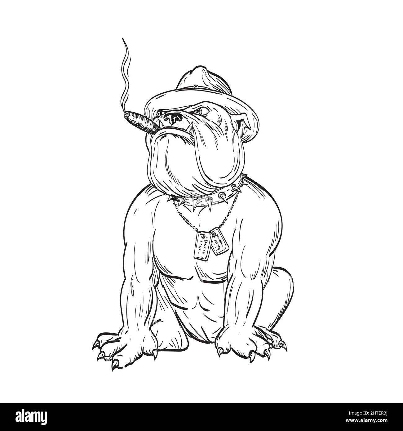 Illustration d'un sergeant de l'armée, un grand bouledogue portant un chapeau fumant un cigare et portant des étiquettes pour chien Banque D'Images