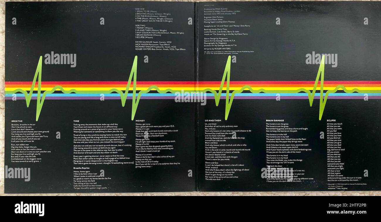 1970s Rock Music Album, progressive, Pink Floyd, 'Dark Side of the Moon' Graphic Art, Lyrics Banque D'Images