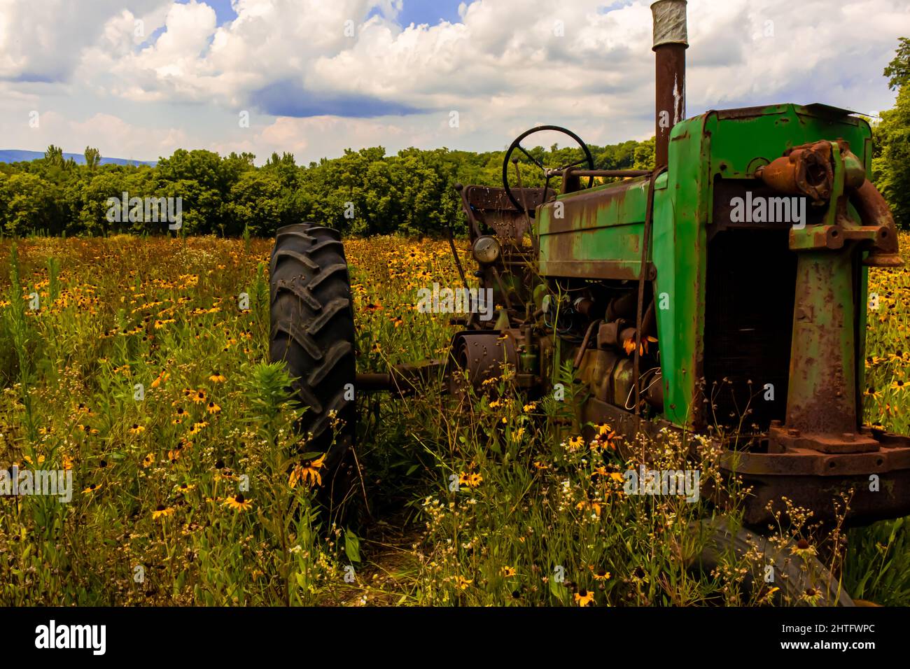 Gros plan d'un ancien tracteur dans un champ Banque D'Images